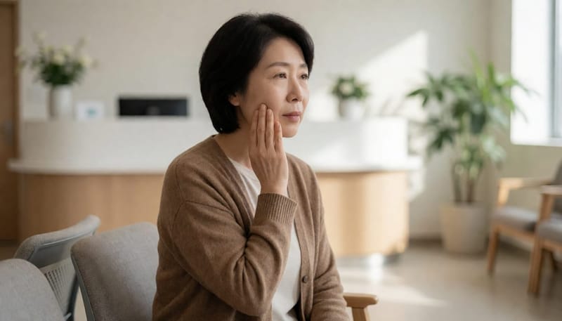 진료가 필요한 붓기를 걱정하며 병원 대기실에 앉아있는 여성