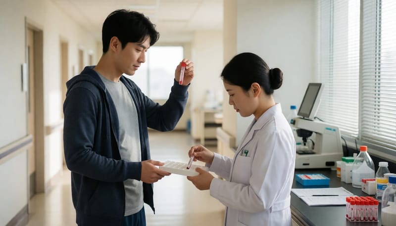 크레아틴 로딩 전 콩팥 건강 확인을 위해 병원에서 혈액 검사를 받는 남성