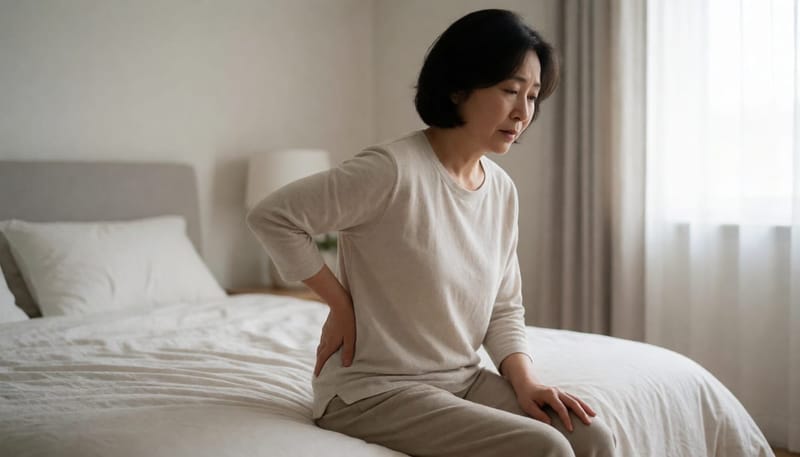 허리 쪽 통증을 느끼며 몸의 신호를 살피는 여성의 모습