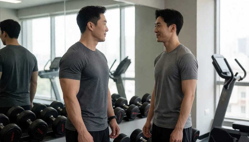 서로 다른 체격을 가진 두 남성이 체육관에서 대화를 나누는 모습