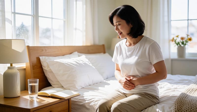 복통을 느끼며 침대에 걸터앉아 있는 여성