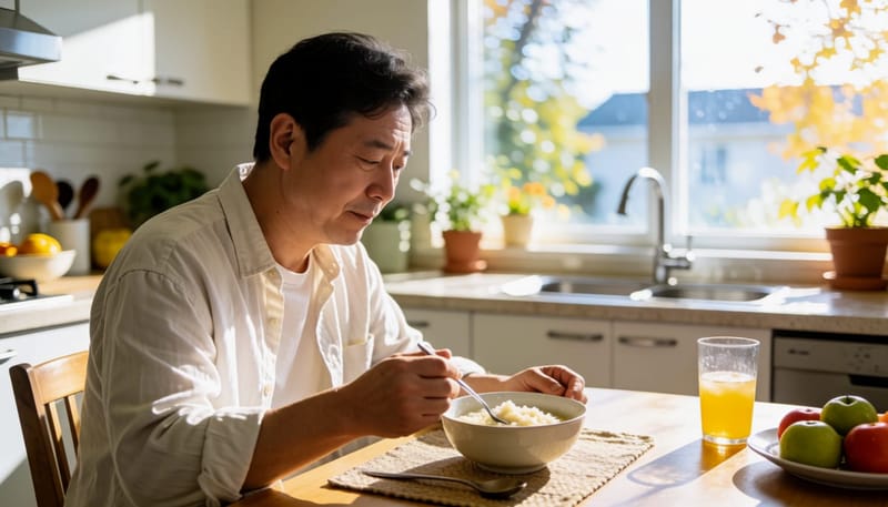 식욕이 없어 죽을 남기는 중년 남성