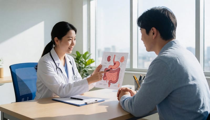 진료실에서 소화기 그림을 보며 상담하는 의사와 환자