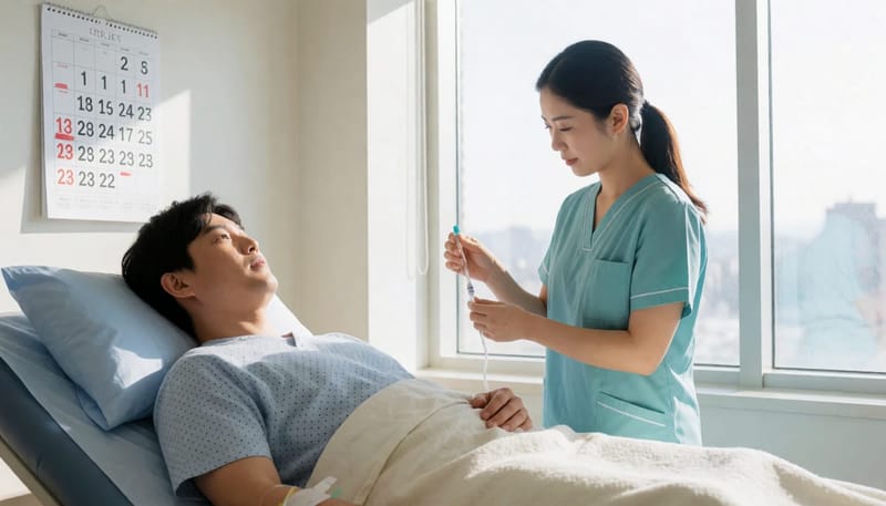 입원 병실에서 수액 치료를 받으며 경과를 확인하는 환자