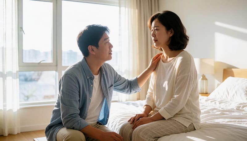 복통으로 배를 감싸쥔 채 침대에 앉아있는 여성