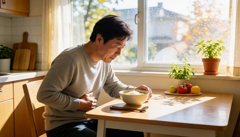 식사를 앞에 두고 배를 만지며 힘들어하는 남성