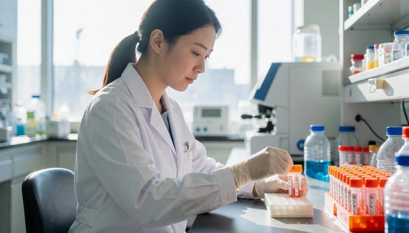 병원 검사실에서 검체 튜브를 다루는 임상병리사