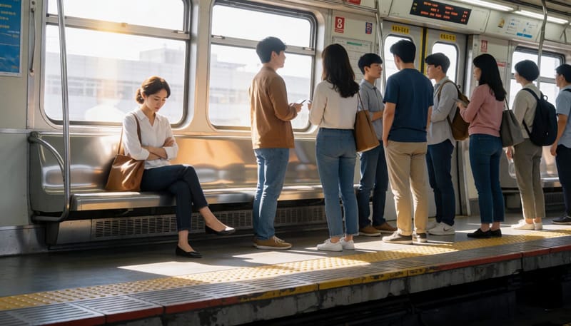 지하철 승강장에서 사람들과 거리를 두고 홀로 앉아 회피하는 여성