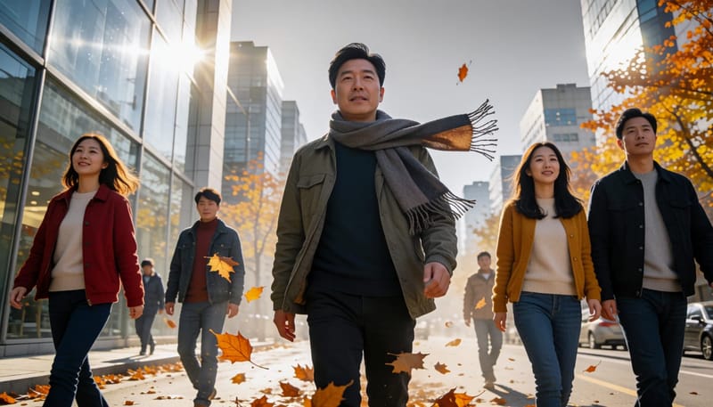 건조한 대기와 미세먼지 낀 거리에서 바람을 맞으며 걷는 남성