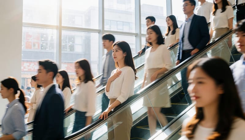 백화점 에스컬레이터에서 가슴을 움켜쥐며 숨막힘을 느끼는 여성