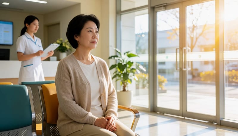 병원 대기실에서 진료를 기다리는 여성