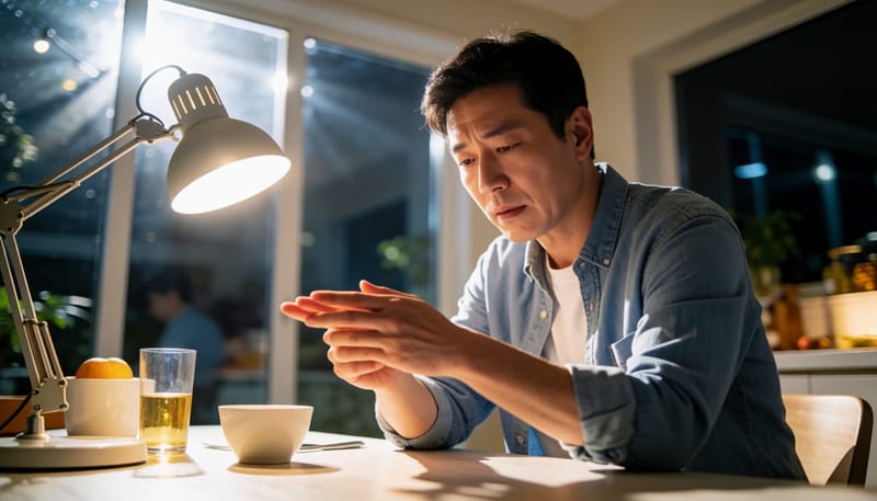 밤에 조명 아래서 손의 붉어진 부위를 걱정스럽게 살펴보는 남성