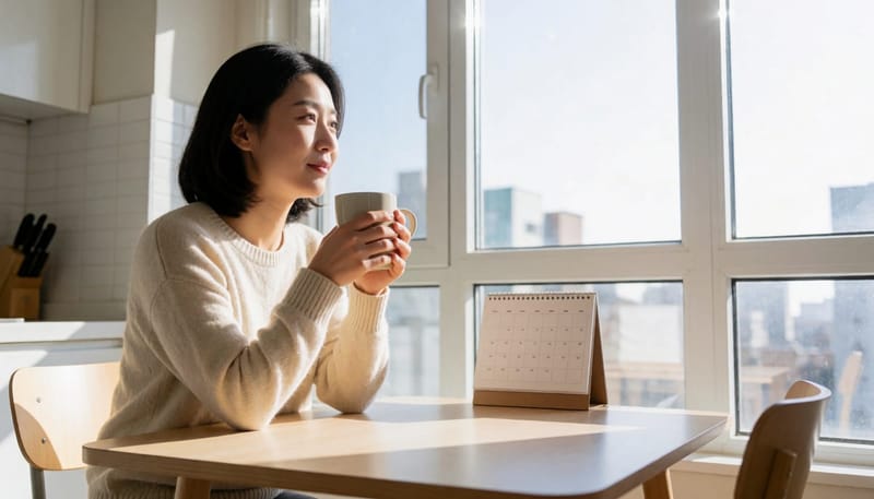 창가 식탁에 앉아 멍하니 눈물짓는 여성