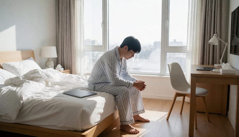흐트러진 방에서 지친 모습으로 앉아 있는 남성