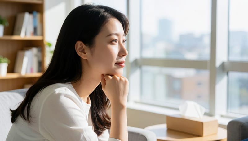 상담실에서 멍한 표정으로 앉아 있는 여성 옆모습