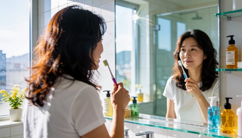 거울 앞에서 피곤한 얼굴로 서 있는 여성