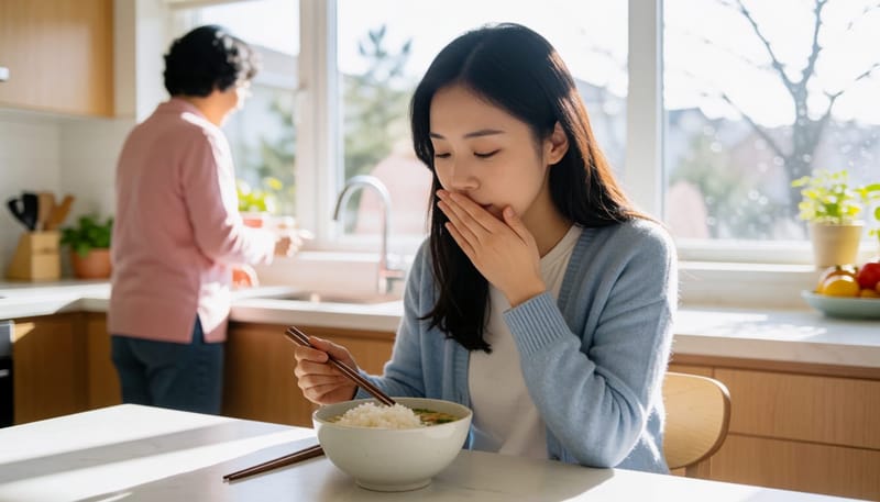 식사를 하다 메스꺼움을 느껴 밥그릇을 밀어내는 여성의 모습