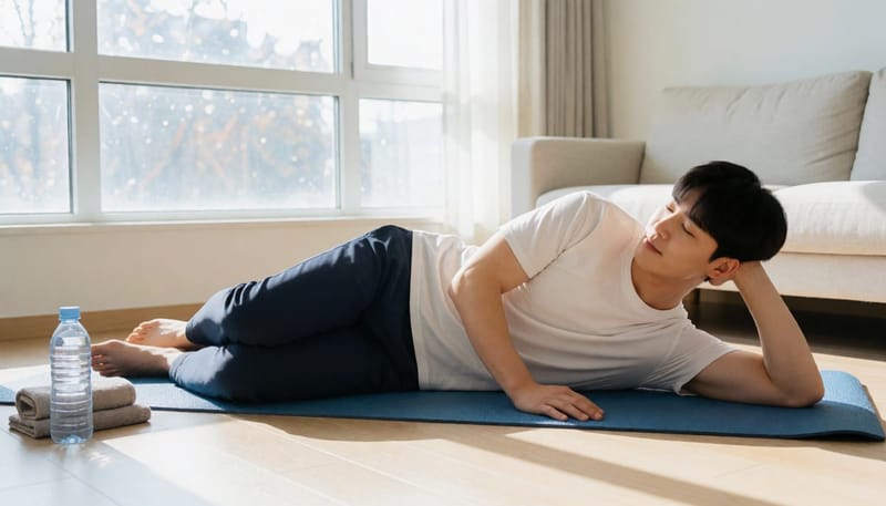 속을 편하게 하려고 거실에서 무릎을 당기며 스트레칭하는 학생