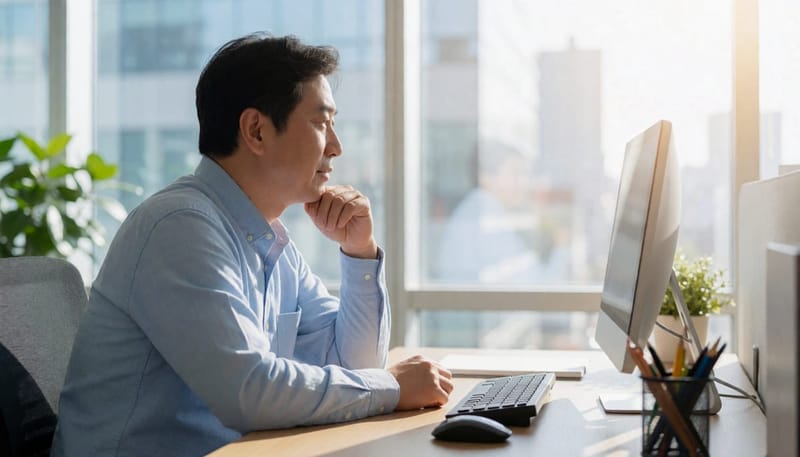 책상에 팔꿈치를 괴고 턱을 받친 채 앉아 있는 남성의 옆모습