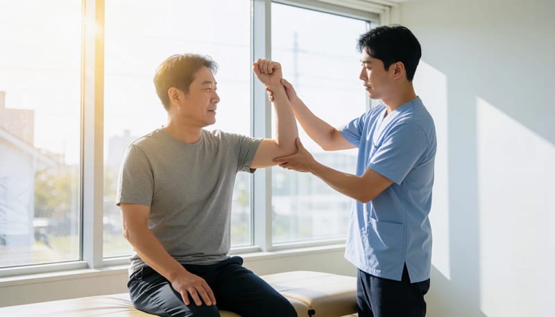 물리치료사가 환자의 팔을 부드럽게 스트레칭시켜주는 모습