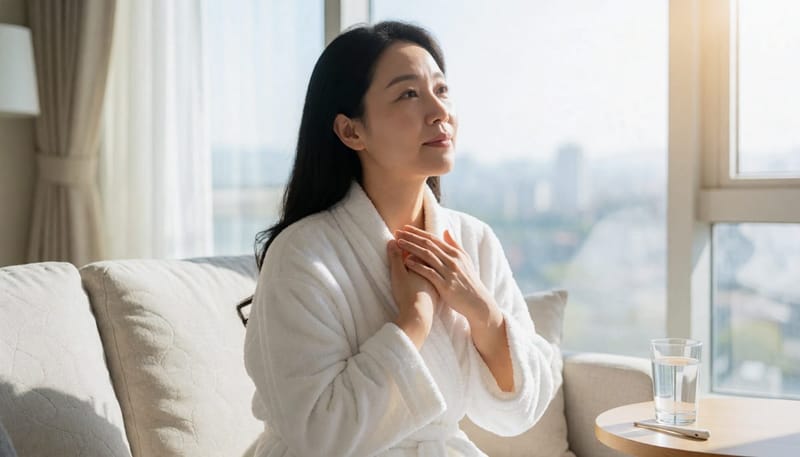 호르몬 변화로 가슴과 몸 전체에 영향을 느끼는 여성의 모습