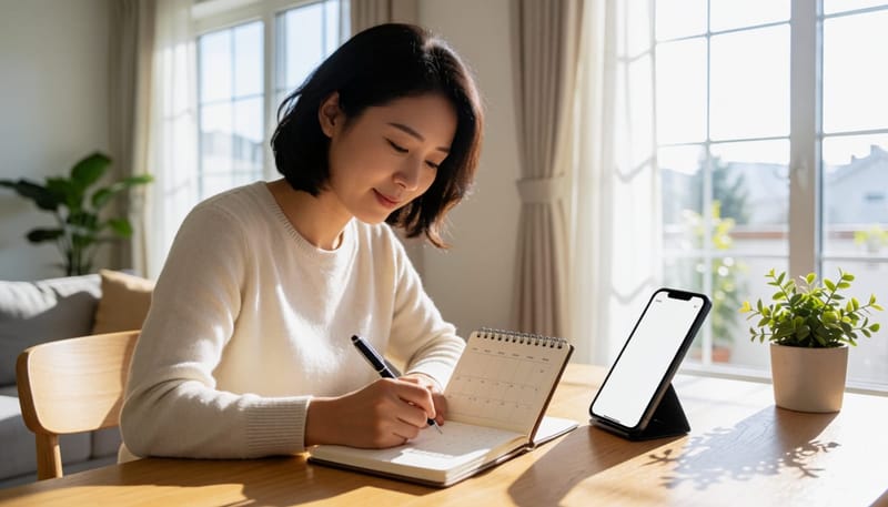 생리 주기와 증상을 달력에 기록하며 점검하는 여성