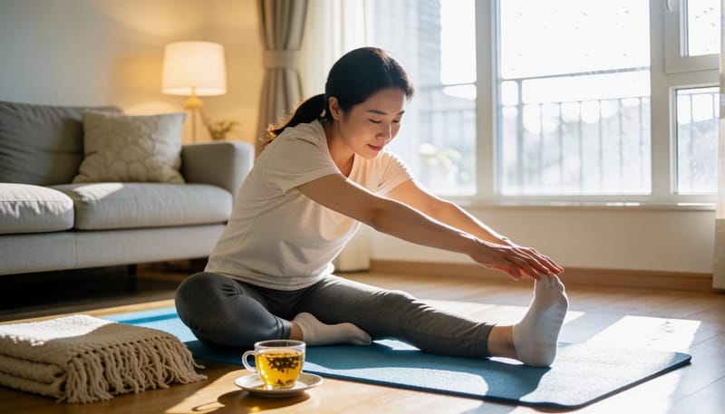 일주일 단위로 통증과 수면을 관리하며 스트레칭하는 여성