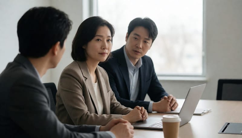회의실에서 불편한 표정으로 자세를 바꾸는 여성과 옆에서 말을 건네는 동료