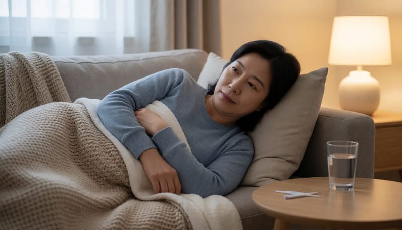소파에 누워 옆구리 쪽 허리를 짚고 있는 여성, 협탁 위 체온계와 물컵