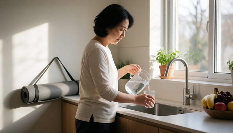 밝은 부엌에서 물을 따르는 여성, 요가매트와 신선한 과일이 보이는 생활 습관 장면