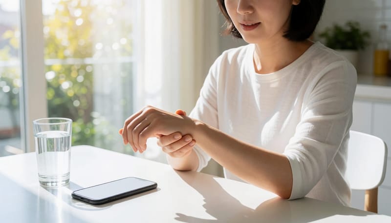 손목을 감싸 쥐고 엄지를 움직이다 찌푸리는 여성