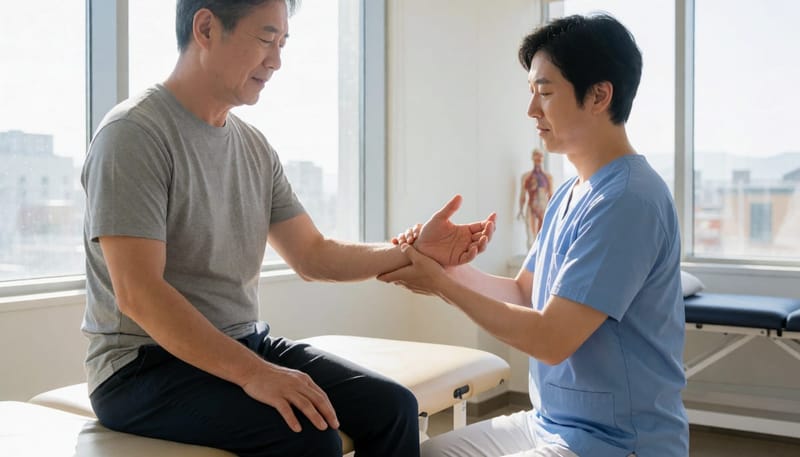 물리치료사가 환자의 엄지를 굽혀 통증 반응을 확인하는 검사 장면