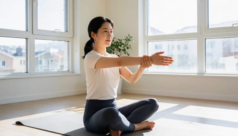 손목과 엄지 스트레칭을 하며 통증 관리를 실천하는 여성