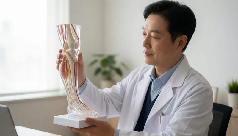 의사가 다리 정맥 모형을 들고 심부 정맥 혈전증을 설명하는 모습