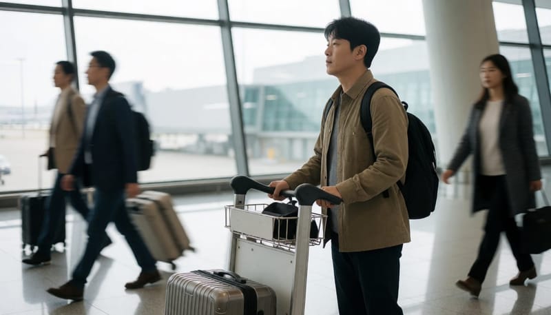공항 도착 후 다리 스트레칭을 하며 혈액순환을 챙기는 남성
