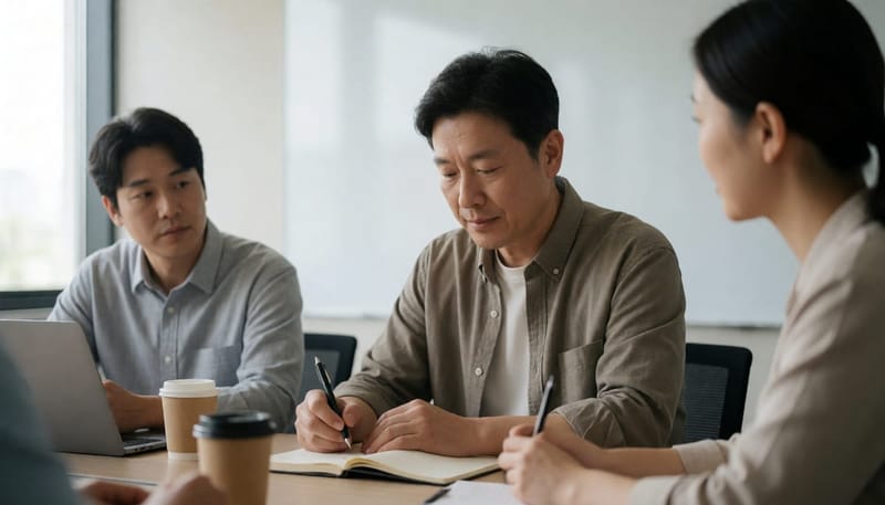 회의실 테이블에서 메모를 보며 곤란한 표정을 짓는 중년 남성