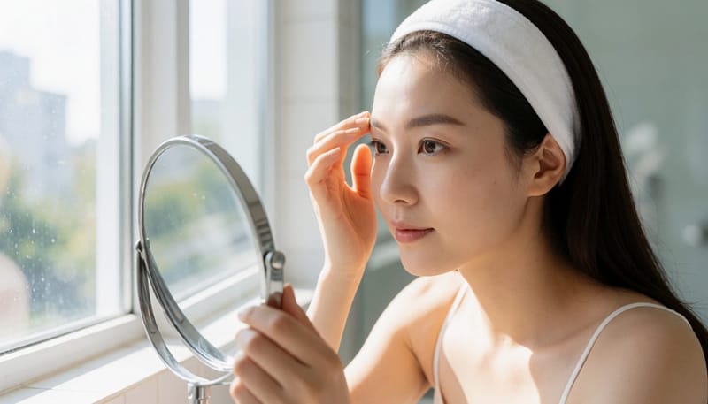 거울을 보며 눈썹 밑 각질을 살펴보는 여성의 클로즈업