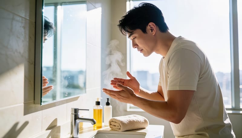 아침 루틴으로 세안 후 보습제를 바르는 남성의 모습