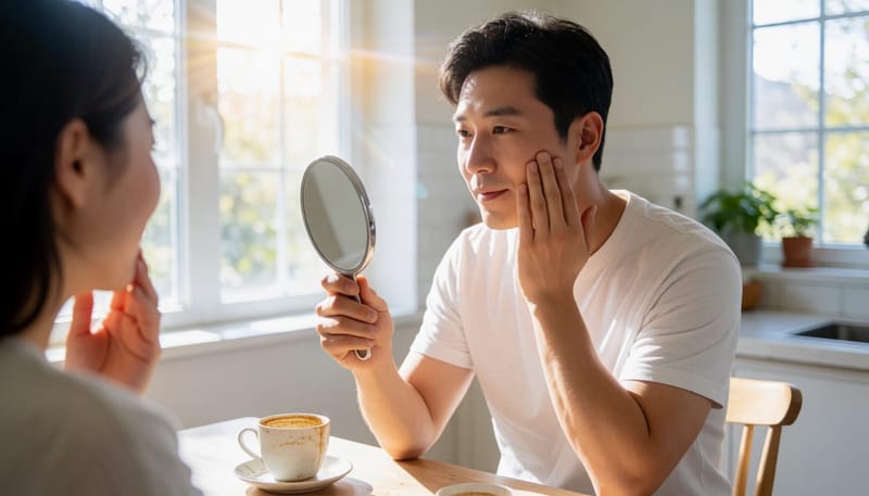 치아가 깨진 후 통증을 참으며 뺨을 만지는 남성의 모습