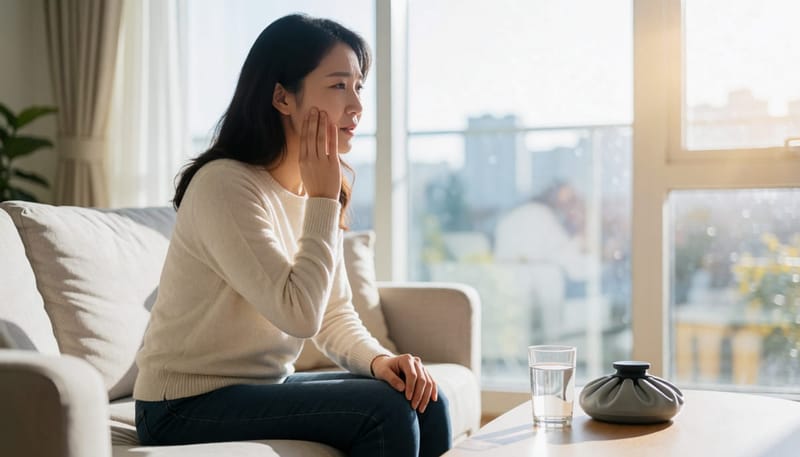 라미네이트 시술 후 볼을 만지며 불편함을 느끼는 여성의 모습