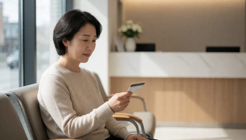 건강보험증을 들고 대기실에 앉아 있는 여성