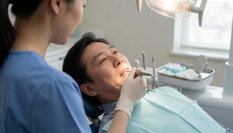 치과에서 스케일링 시술을 받는 남성 환자