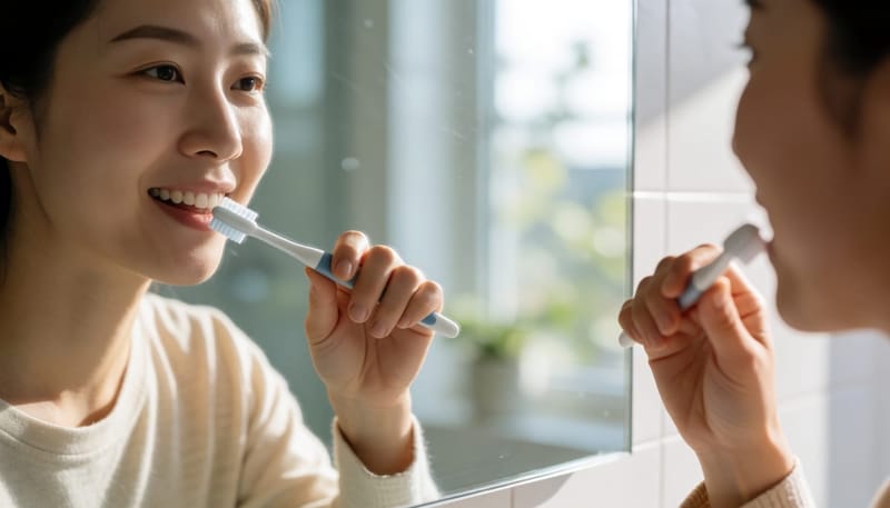 거울 앞에서 양치질하는 젊은 여성