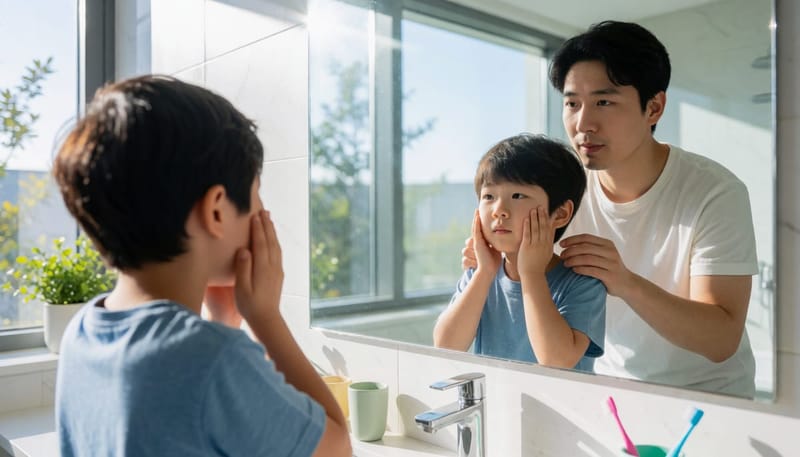 남자 아이가 욕실 거울 앞에서 어금니를 스스로 확인하는 모습