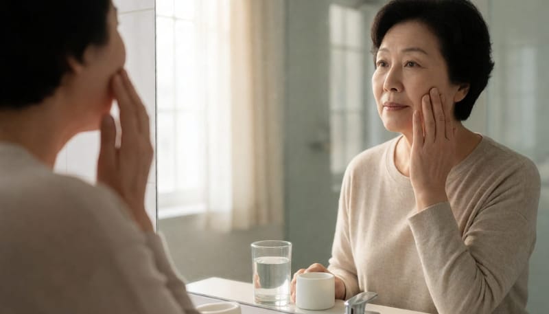 환절기 아침 세면대 앞에서 잇몸 상태를 살피는 중년 여성