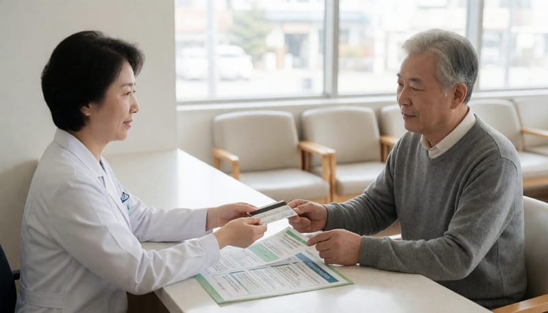 치과 접수처에서 건강보험 안내를 받는 노년 남성