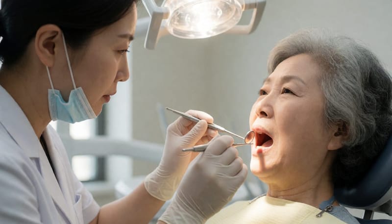 치과 진료 의자에서 구강 상태를 점검받는 여성 환자