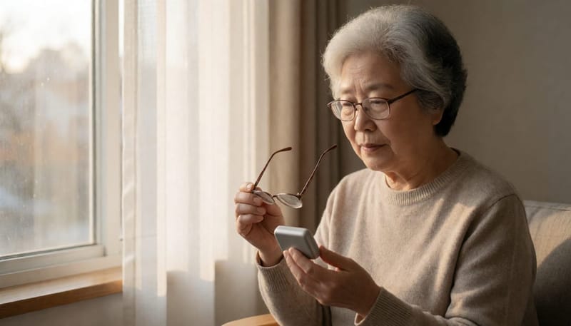 집에서 틀니 상태를 꼼꼼히 살펴보는 고령 여성