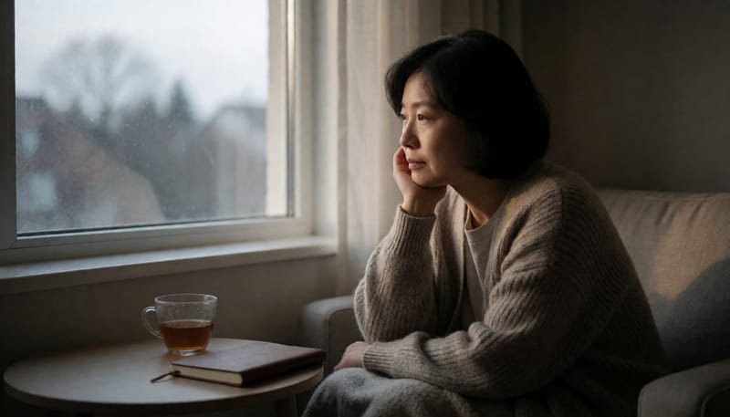 창가에 앉아 흐린 하늘을 바라보는 여성의 조용한 아침 모습