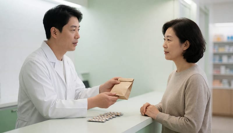 약사가 여성 환자에게 처방약을 설명하며 건네는 약국 상담 장면